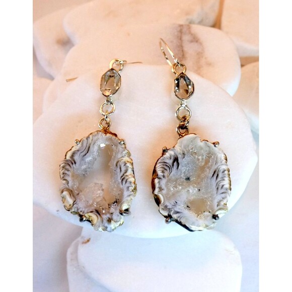 Natural Geode Slice Quartz Druzy Herkimer Diamond Sterling Silver Earrings - Picture 2 of 8